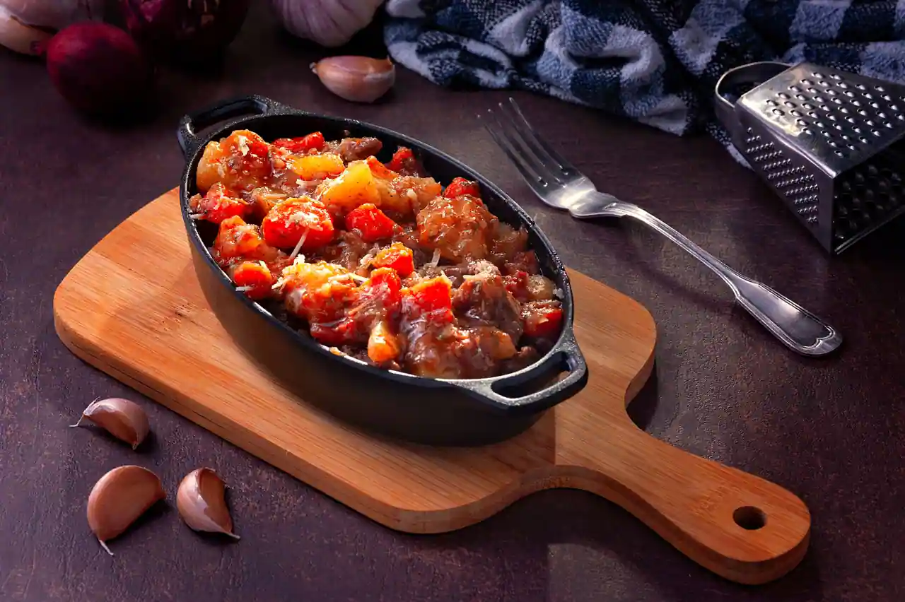 Plat d'hiver mijoté avec viande et légumes, servi dans une cocotte en fonte sur une planche en bois.