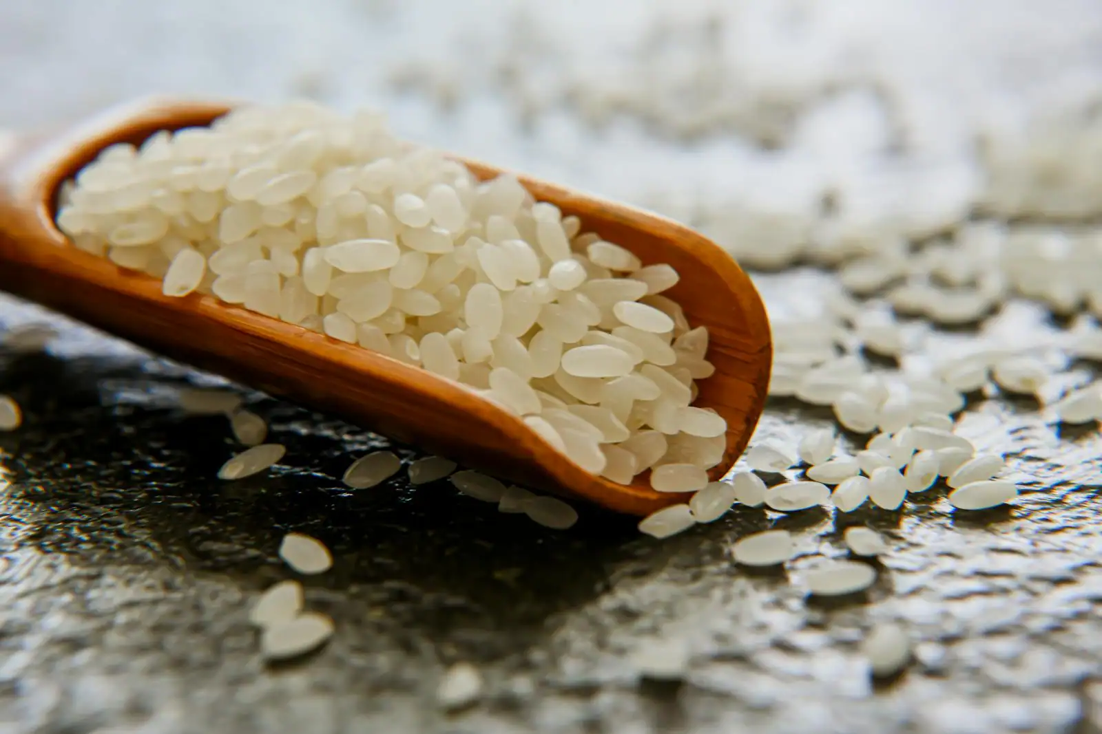 Riz rond à risotto cru présenté dans un bol en bois, grains blancs et nacrés