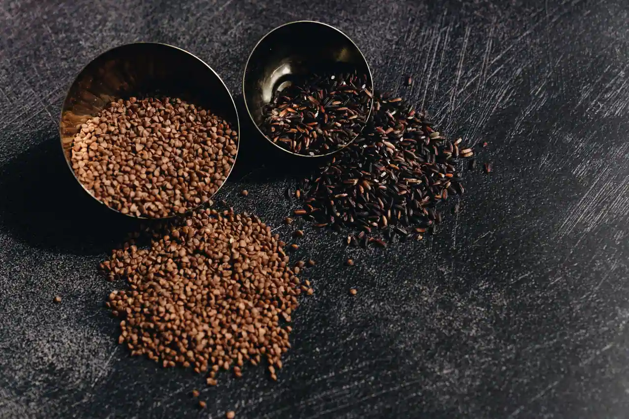 Sarrasin en grains et riz sauvage présentés dans des coupelles métalliques sur une ardoise sombre.